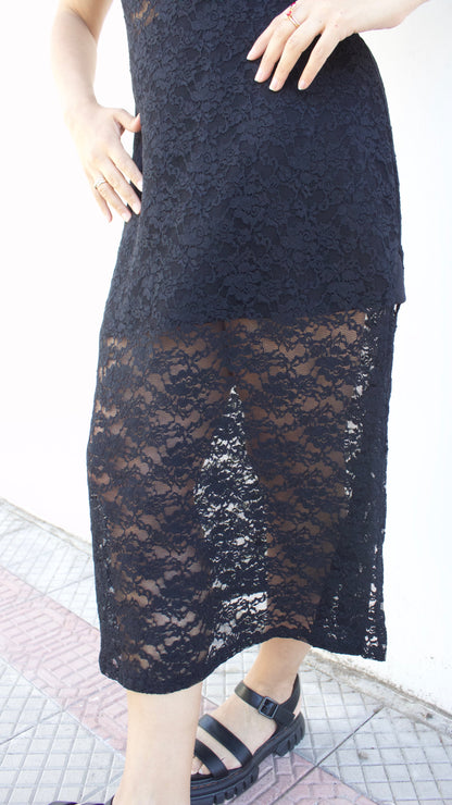 VESTIDO MIDI ENCAJE MANGA CORTA