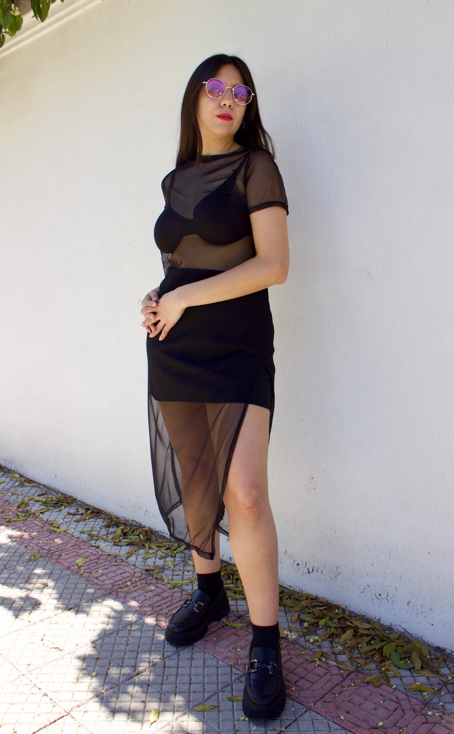 VESTIDO MIDI MESH MANGA CORTA