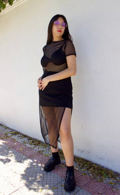 VESTIDO MIDI MESH MANGA CORTA