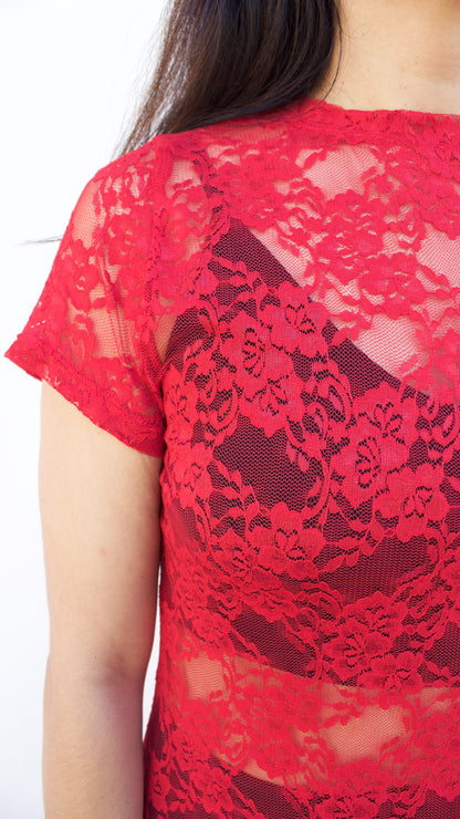 VESTIDO MIDI ENCAJE ROJO MANGA CORTA