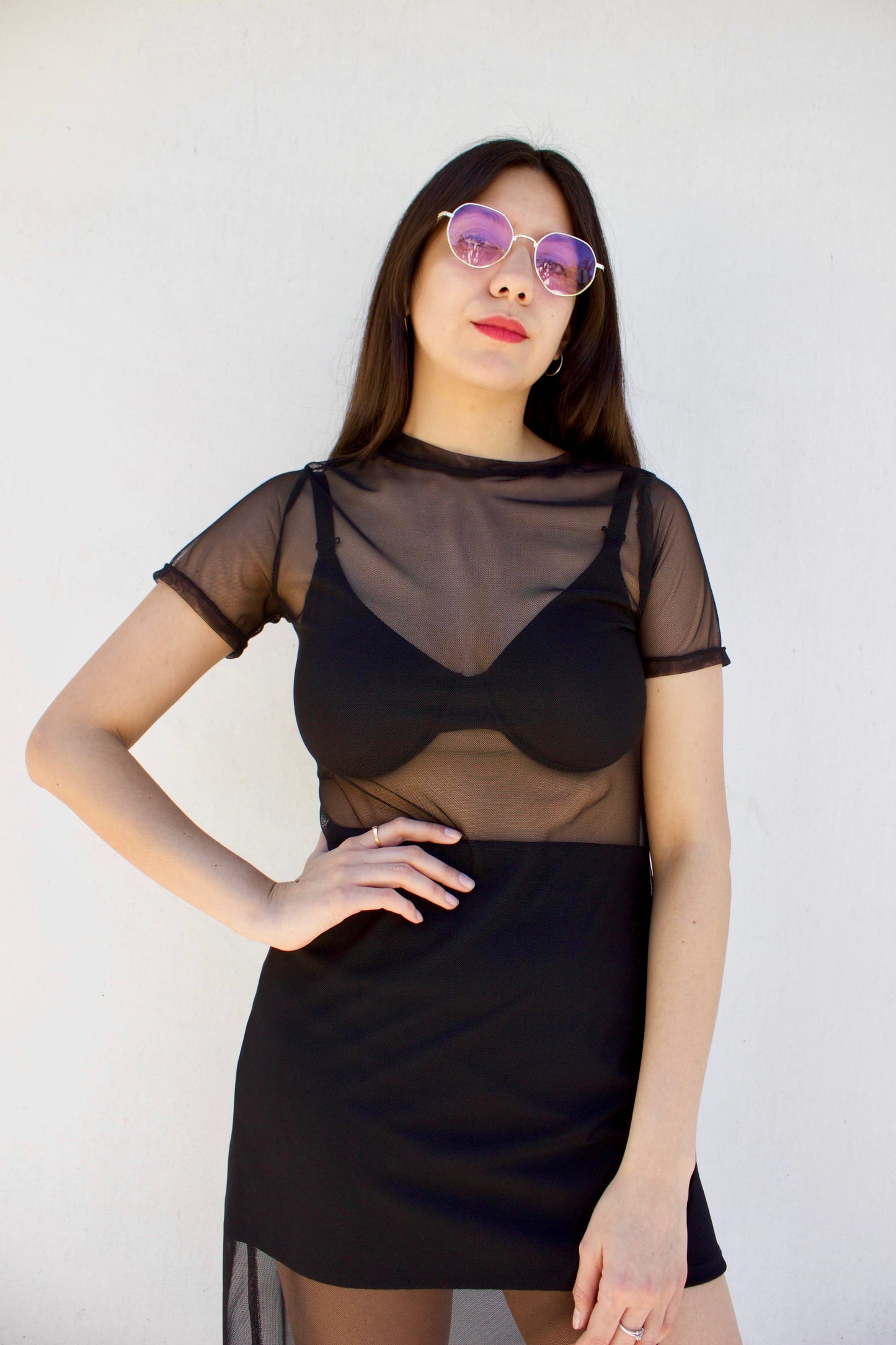 VESTIDO MIDI MESH MANGA CORTA
