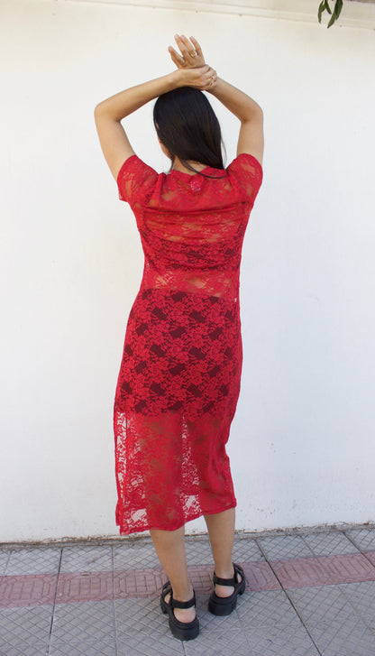 VESTIDO MIDI ENCAJE ROJO MANGA CORTA