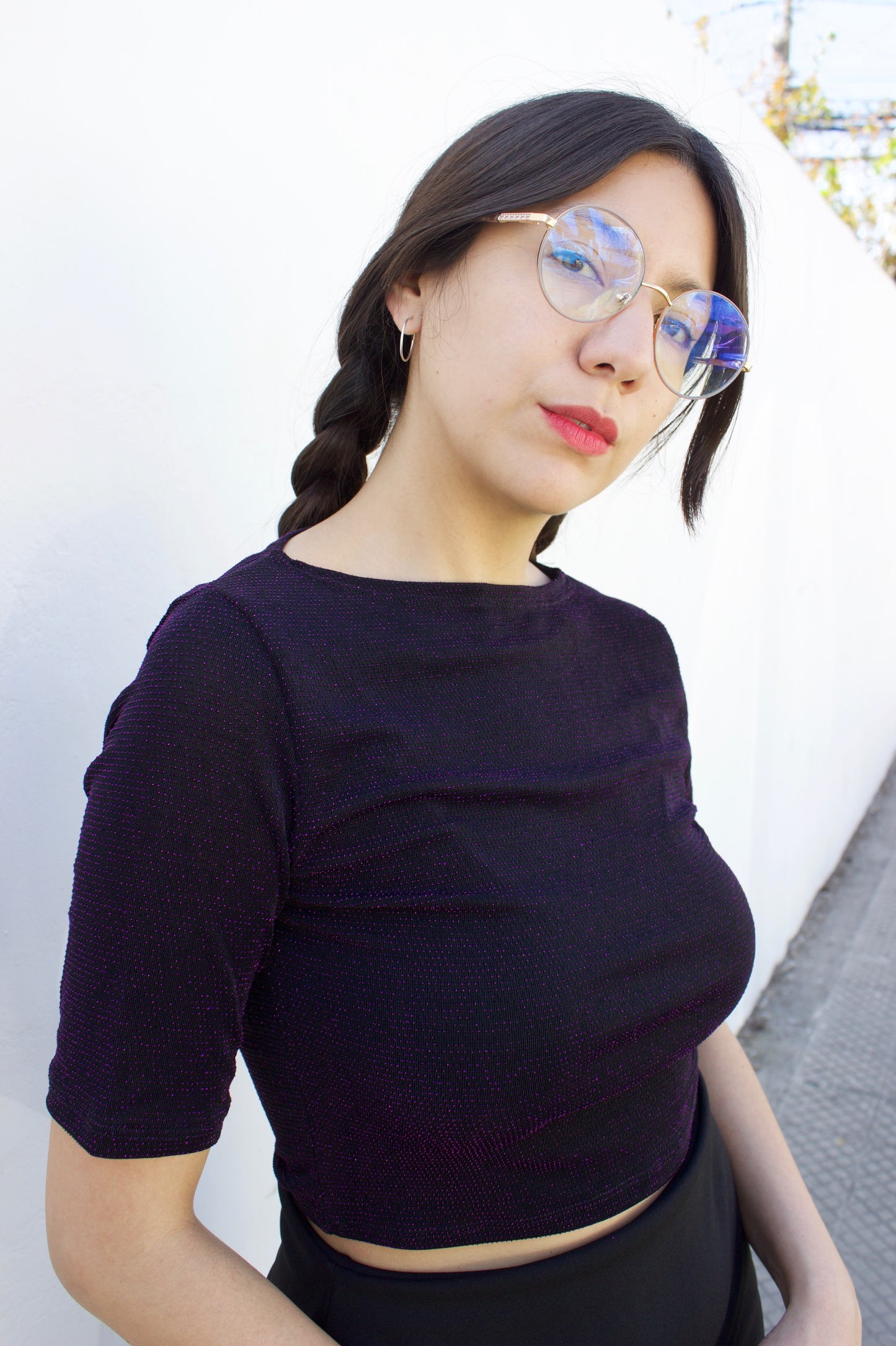 Top glitter brillos morados