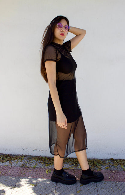 VESTIDO MIDI MESH MANGA CORTA